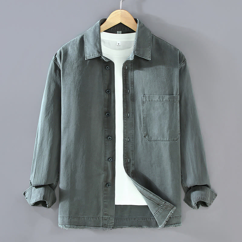 Camisa de algodón de manga larga con dobladillo con borlas de colores puros y bolsillo para hombre de Buddha Stones - Gris pizarra claro - US/UK/AU46, UE56 (3XL) - image 0