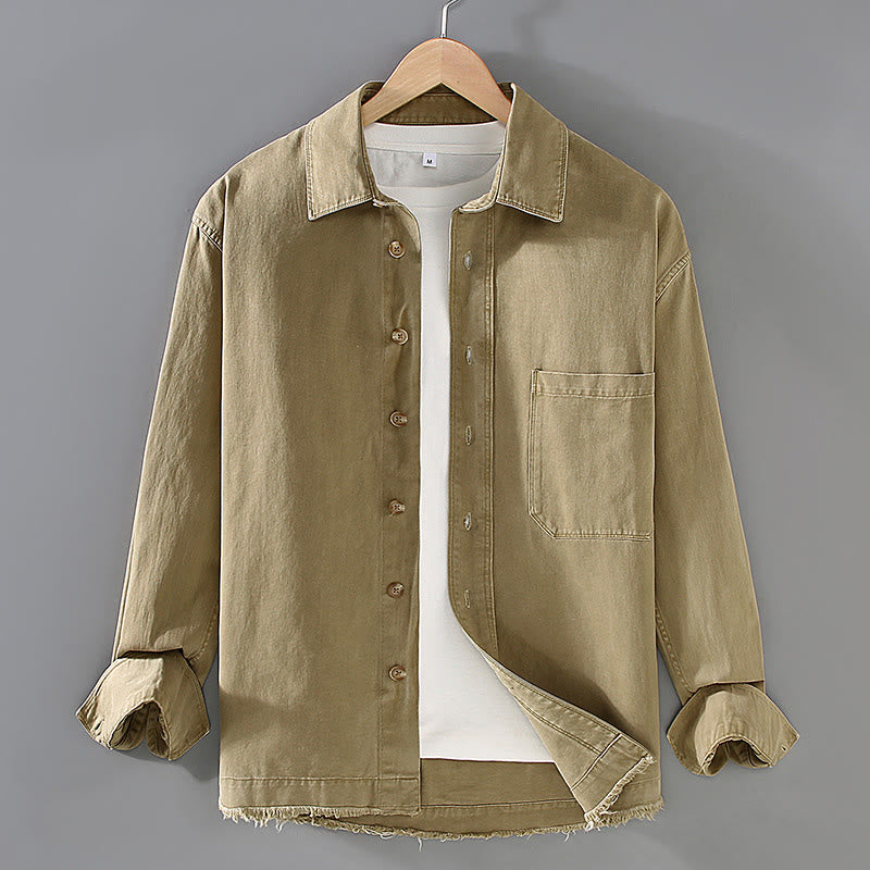 Camisa de algodón de manga larga con dobladillo con borlas de colores puros y bolsillo para hombre de Buddha Stones - Caqui - US/UK/AU46, UE56 (3XL) - image 1