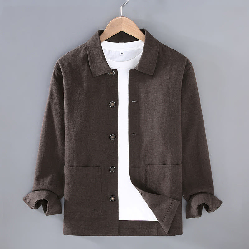Chaqueta de lino y ramio con solapa y botones de manga larga para hombre, estilo Buddha Stones Commute, con bolsillos - SaddleBrown - US/UK/AU42, EU52 (3XL) - image 1