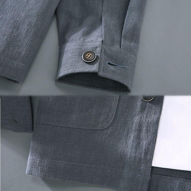 Chaqueta de lino y ramio con solapa y botones de manga larga para hombre, estilo Buddha Stones Commute, con bolsillos - image 10