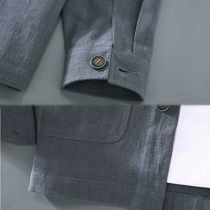 Chaqueta de lino y ramio con solapa y botones de manga larga para hombre, estilo Buddha Stones Commute, con bolsillos - image 10