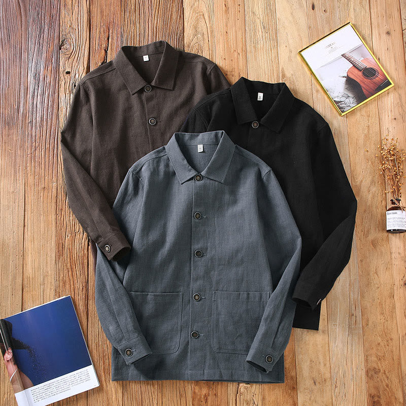 Chaqueta de lino y ramio con solapa y botones de manga larga para hombre, estilo Buddha Stones Commute, con bolsillos - image 13