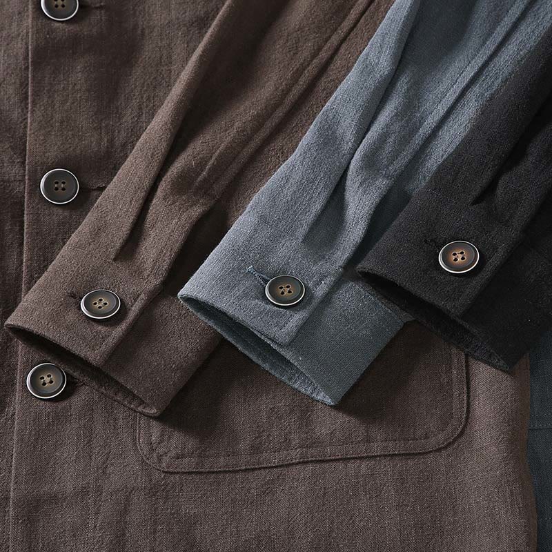 Chaqueta de lino y ramio con solapa y botones de manga larga para hombre, estilo Buddha Stones Commute, con bolsillos - image 15