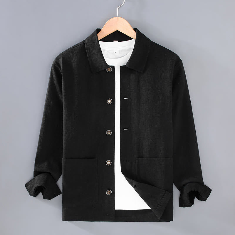 Chaqueta de lino y ramio con solapa y botones de manga larga para hombre, estilo Buddha Stones Commute, con bolsillos - Negro - US/UK/AU42, EU52 (3XL) - image 12