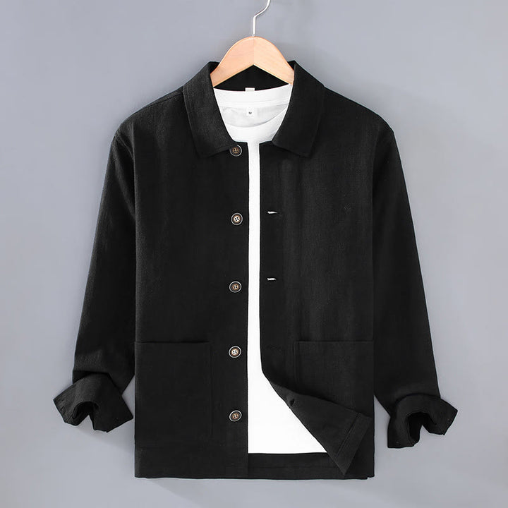 Chaqueta de lino y ramio con solapa y botones de manga larga para hombre, estilo Buddha Stones Commute, con bolsillos - Negro - US/UK/AU42, EU52 (3XL) - image 12