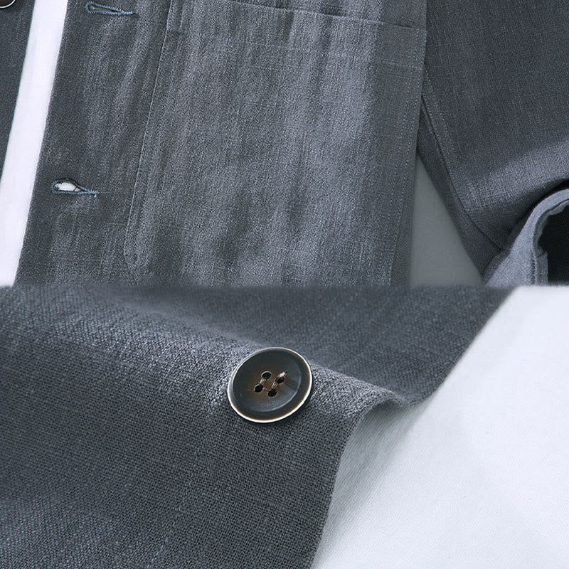 Chaqueta de lino y ramio con solapa y botones de manga larga para hombre, estilo Buddha Stones Commute, con bolsillos - image 10