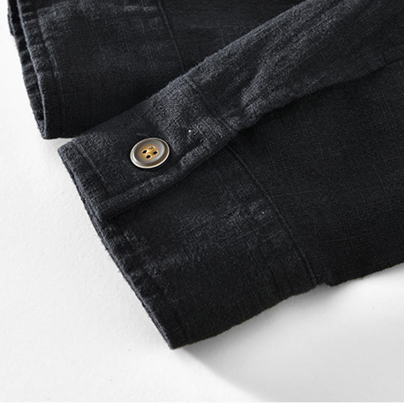 Chaqueta de lino y ramio de manga larga para hombre con diseño de botones sencillos y bolsillos de Buddha Stones Commute - image 7