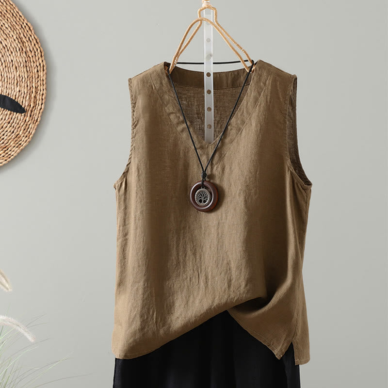 Chaleco vintage de verano con cuello en V y estampado de Buddha Stones para mujer - Caqui oscuro - US8-10，UK/AU12-14，EU40-42 (2XL) - image 7
