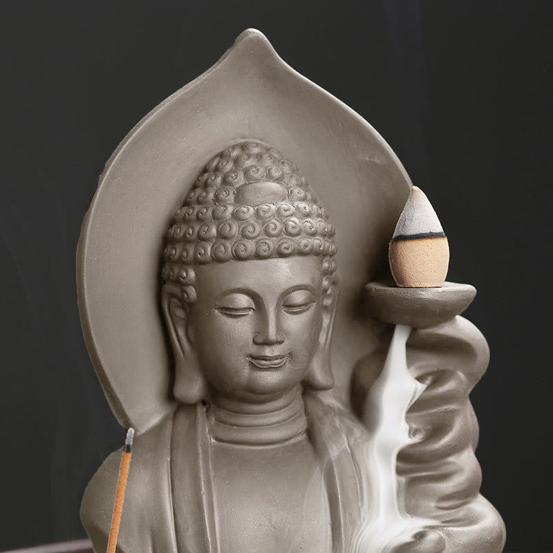 Buddha Stones Quemador de incienso con fuente de humo de reflujo curativo de loto de Buda Avalokitesvara tibetano - image 15