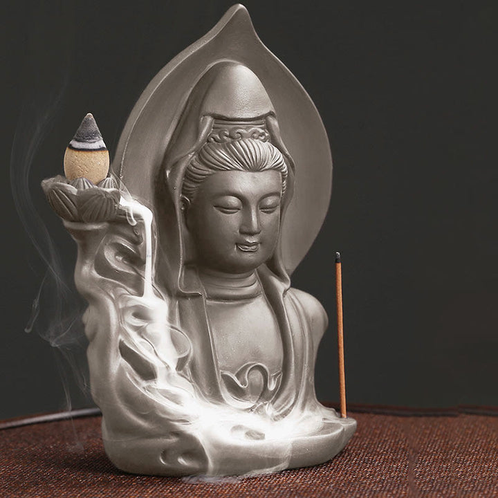 Buddha Stones Quemador de incienso con fuente de humo de reflujo curativo de loto de Buda Avalokitesvara tibetano - image 7