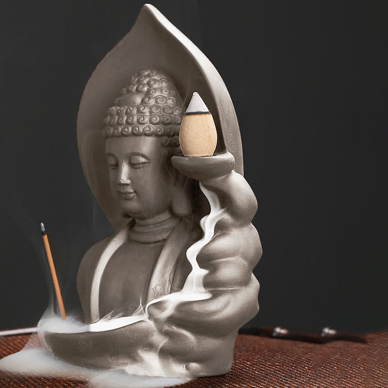 Buddha Stones Quemador de incienso con fuente de humo de reflujo curativo de loto de Buda Avalokitesvara tibetano - image 14