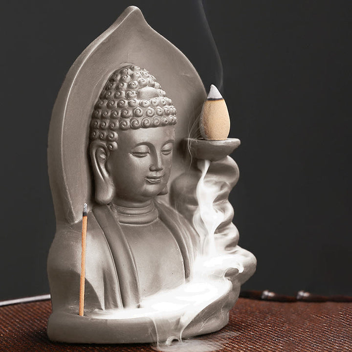 Buddha Stones Quemador de incienso con fuente de humo de reflujo curativo de loto de Buda Avalokitesvara tibetano - image 13