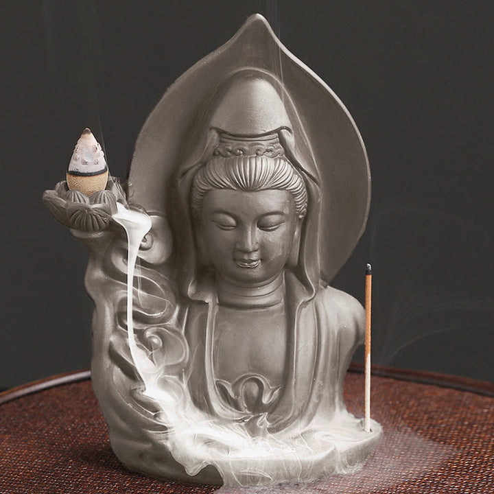 Buddha Stones Quemador de incienso con fuente de humo de reflujo curativo de loto de Buda Avalokitesvara tibetano - image 6