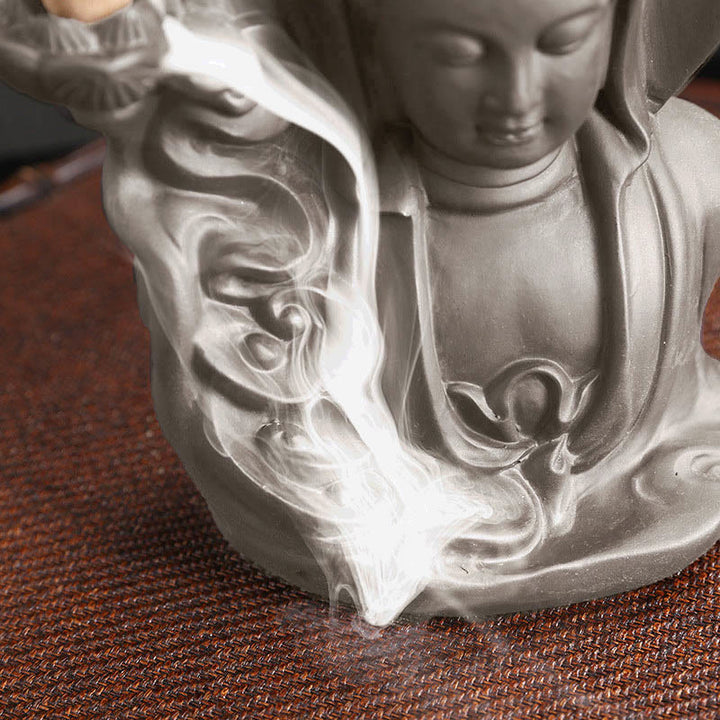 Buddha Stones Quemador de incienso con fuente de humo de reflujo curativo de loto de Buda Avalokitesvara tibetano - image 3
