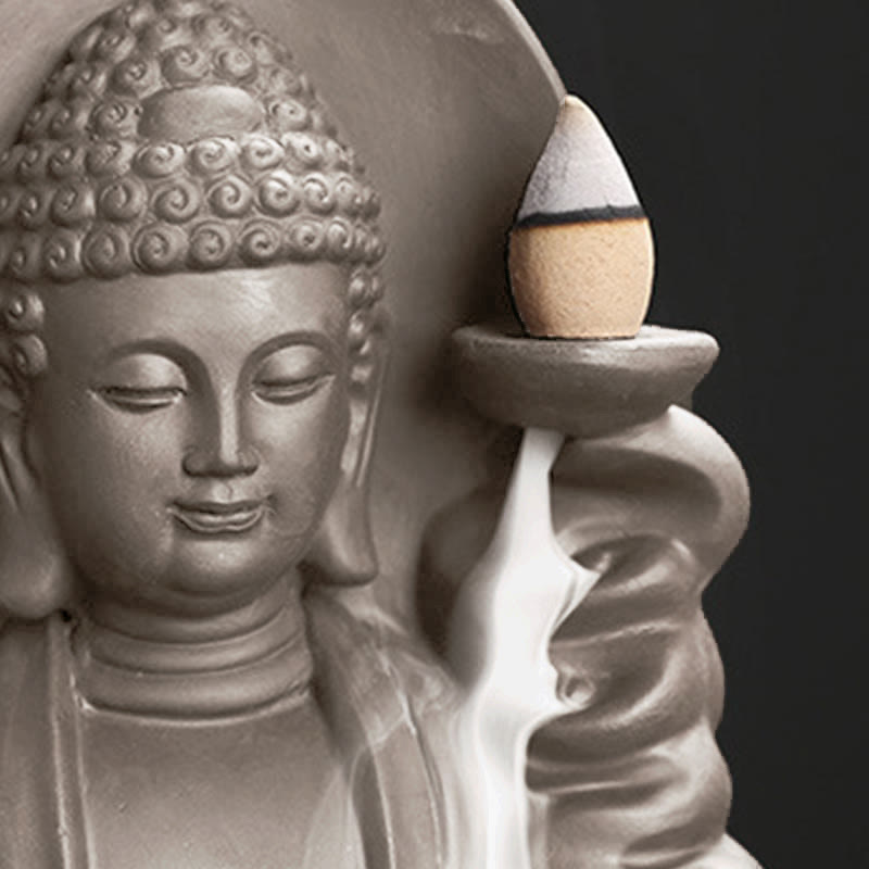 Buddha Stones Quemador de incienso con fuente de humo de reflujo curativo de loto de Buda Avalokitesvara tibetano - image 17