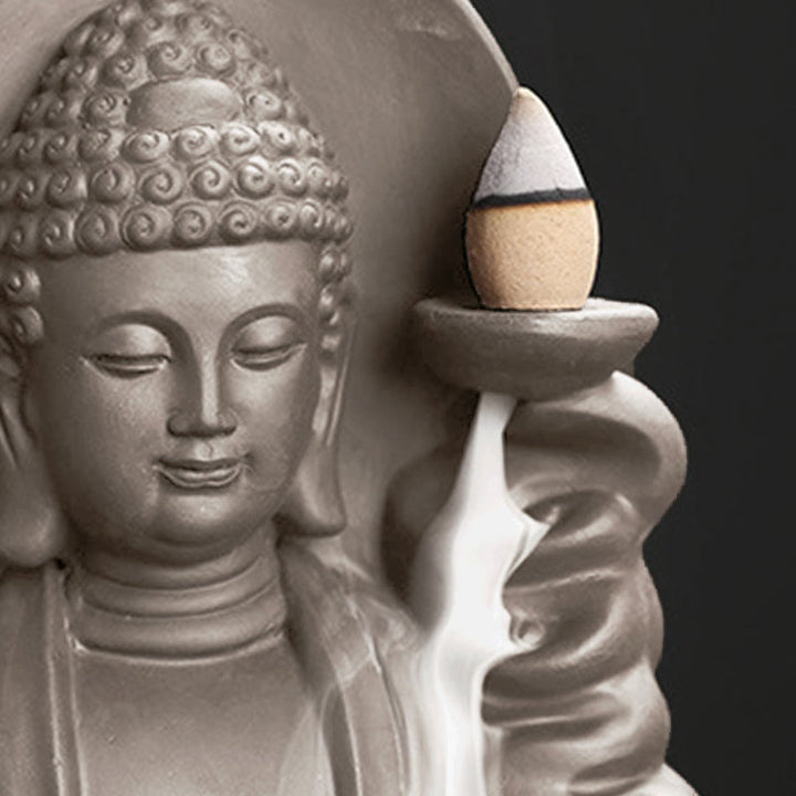 Buddha Stones Quemador de incienso con fuente de humo de reflujo curativo de loto de Buda Avalokitesvara tibetano - image 17