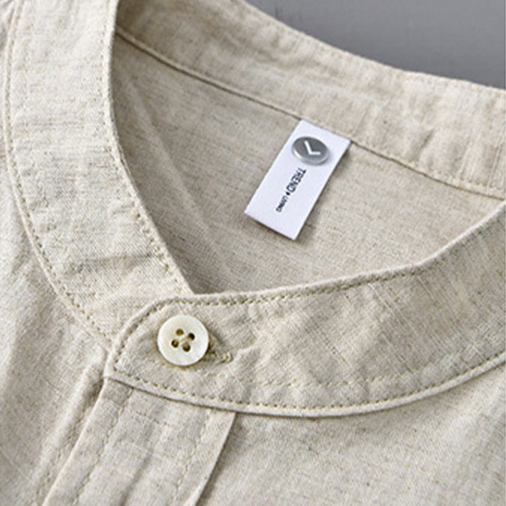 Camisa informal de lino y algodón de color puro con cuello alto y manga larga para hombre de Buddha Stones - image 1