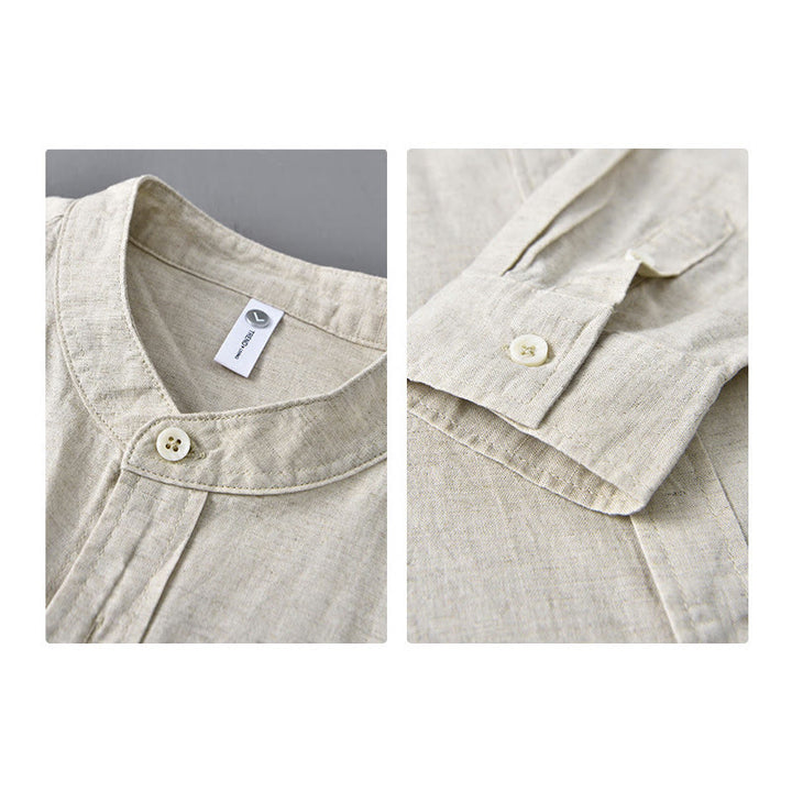Camisa informal de lino y algodón de color puro con cuello alto y manga larga para hombre de Buddha Stones - image 3