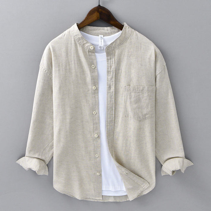 Camisa informal de lino y algodón de color puro con cuello alto y manga larga para hombre de Buddha Stones - Lino - US/UK/AU40, UE 50 (3XL) - image 0