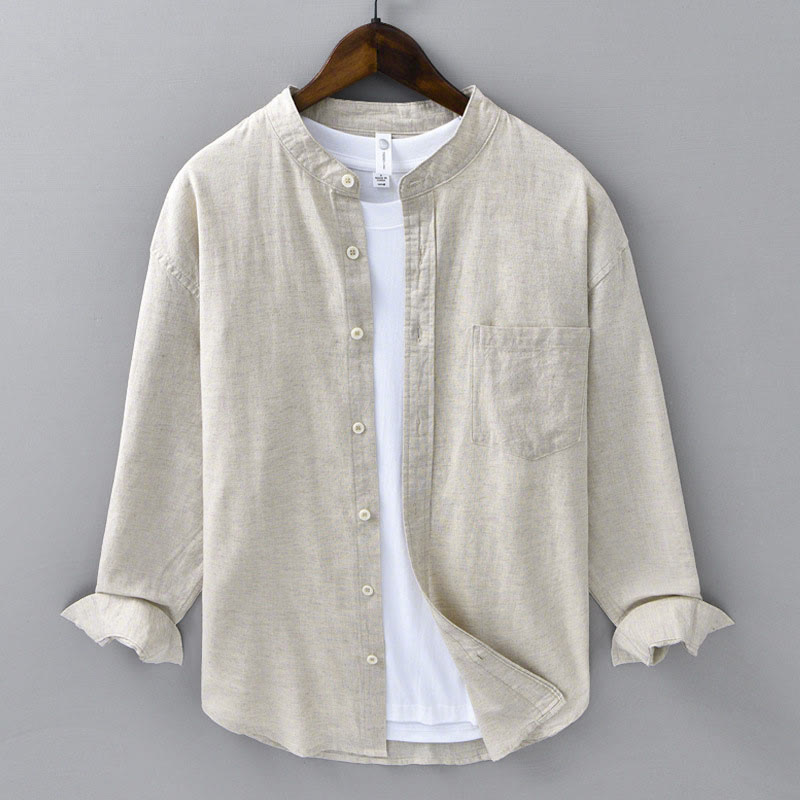 Camisa informal de lino y algodón de color puro con cuello alto y manga larga para hombre de Buddha Stones - Lino - US/UK/AU40, UE 50 (3XL) - image 0