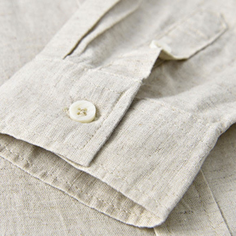 Camisa informal de lino y algodón de color puro con cuello alto y manga larga para hombre de Buddha Stones - image 2