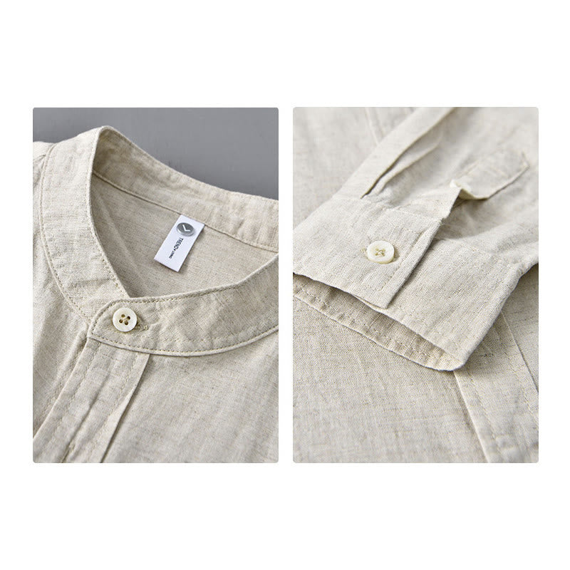 Camisa informal de lino y algodón de color puro con cuello alto y manga larga para hombre de Buddha Stones - image 3