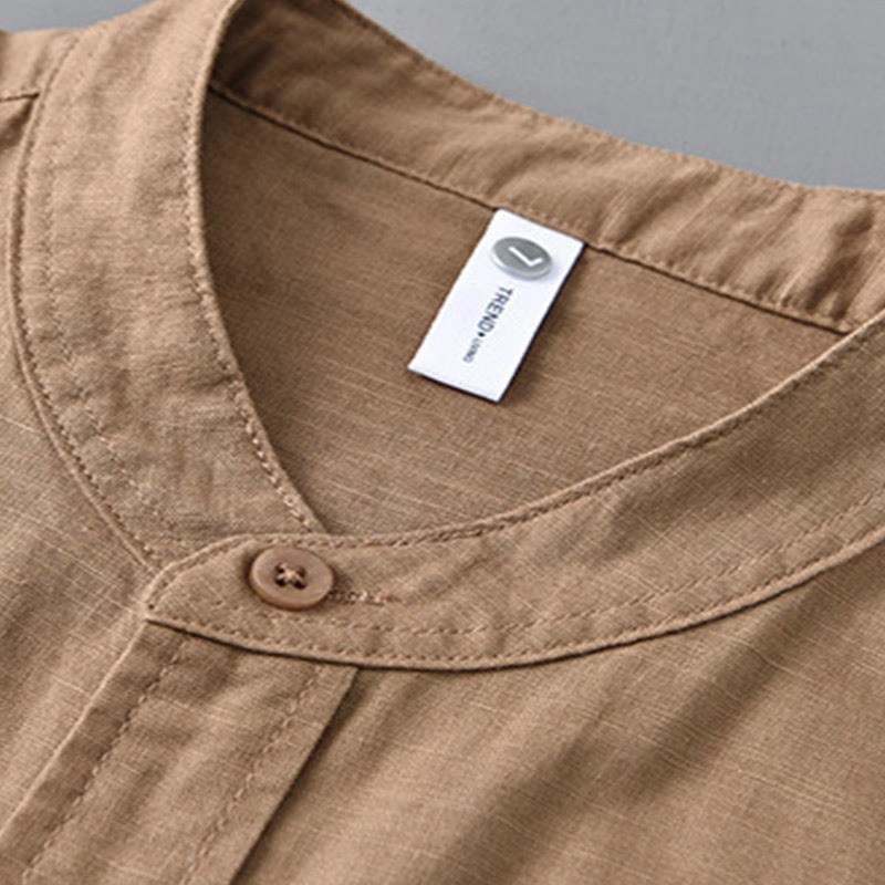 Camisa informal de lino y algodón de color puro con cuello alto y manga larga para hombre de Buddha Stones - image 23