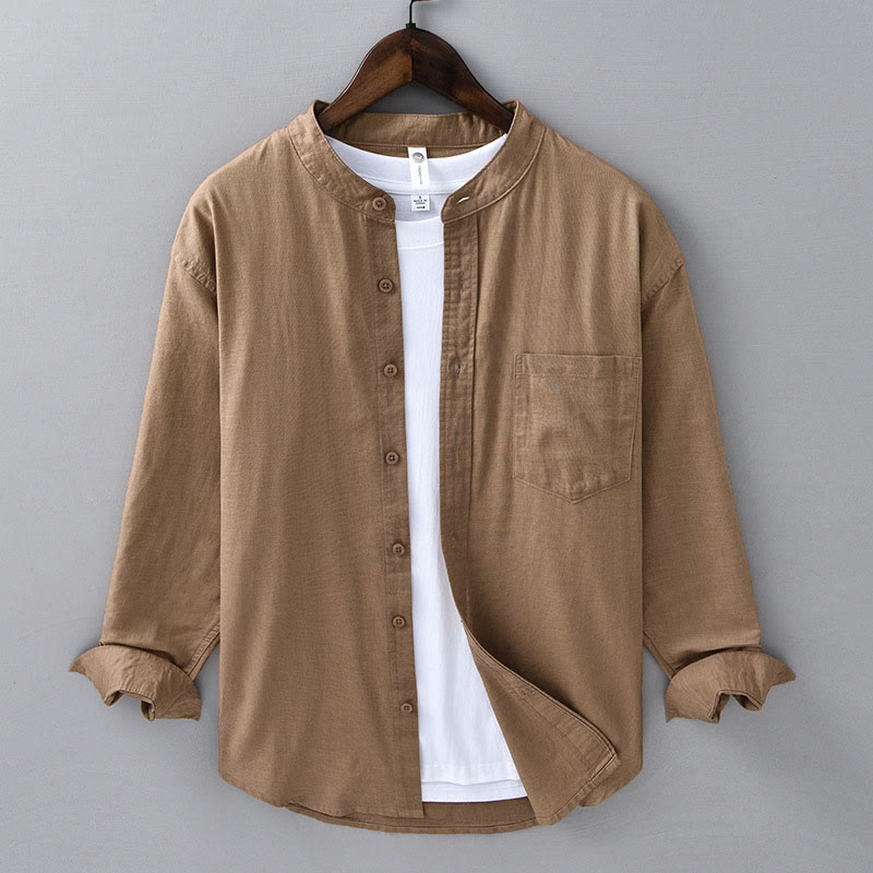 Camisa informal de lino y algodón de color puro con cuello alto y manga larga para hombre de Buddha Stones - Vara de oro oscura - US/UK/AU40, UE 50 (3XL) - image 21