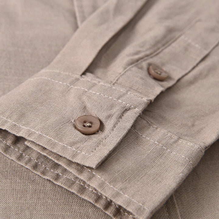Camisa informal de lino y algodón de color puro con cuello alto y manga larga para hombre de Buddha Stones - image 32