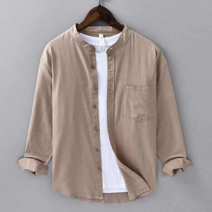 Camisa informal de lino y algodón de color puro con cuello alto y manga larga para hombre de Buddha Stones - BurlyWood - US/UK/AU40, UE50 (3XL) - image 29