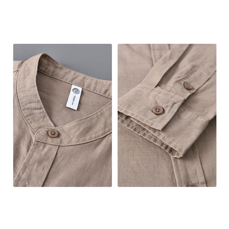 Camisa informal de lino y algodón de color puro con cuello alto y manga larga para hombre de Buddha Stones - image 32