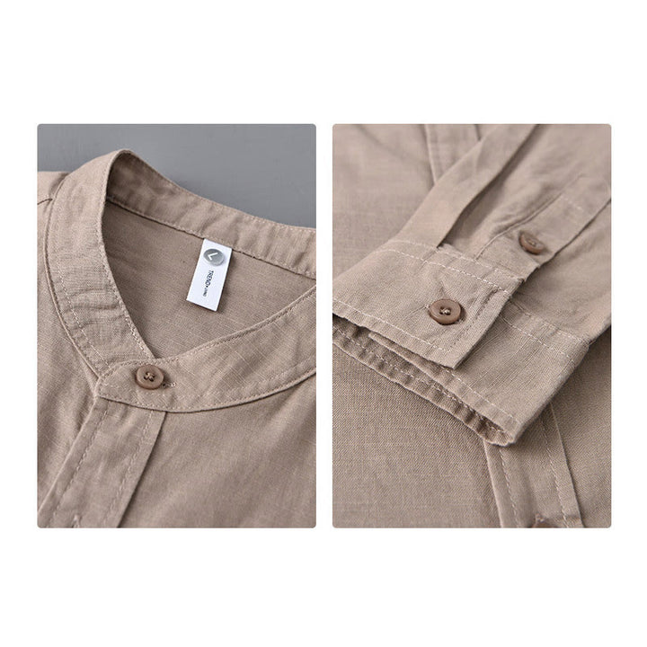 Camisa informal de lino y algodón de color puro con cuello alto y manga larga para hombre de Buddha Stones - image 32