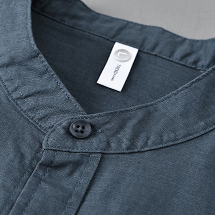 Camisa informal de lino y algodón de color puro con cuello alto y manga larga para hombre de Buddha Stones - image 26