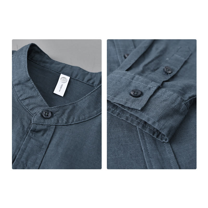Camisa informal de lino y algodón de color puro con cuello alto y manga larga para hombre de Buddha Stones - image 29