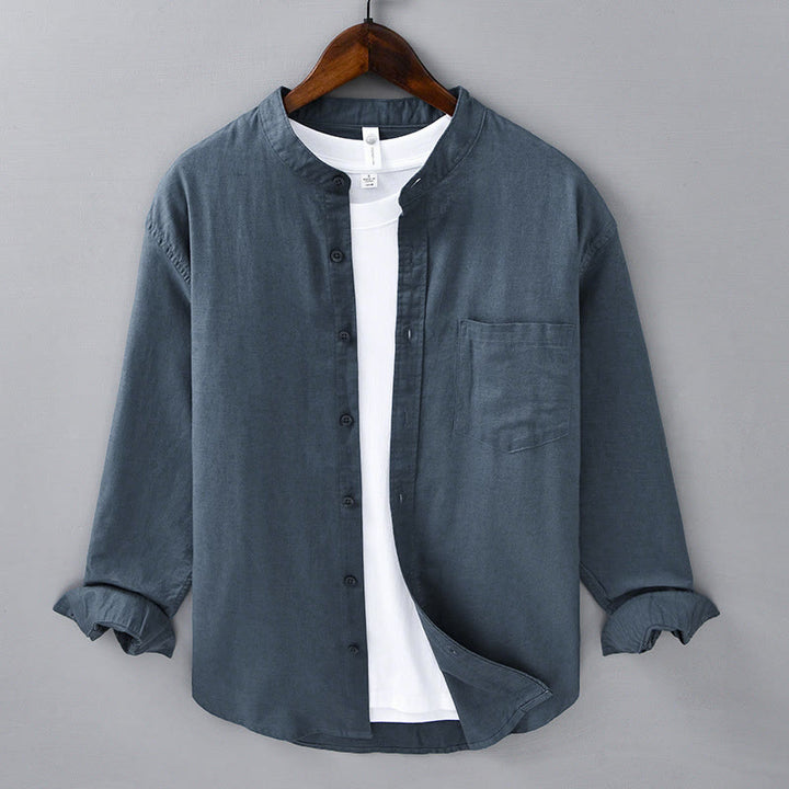 Camisa informal de lino y algodón de color puro con cuello alto y manga larga para hombre de Buddha Stones - Azul acero - US/UK/AU40, UE 50 (3XL) - image 25