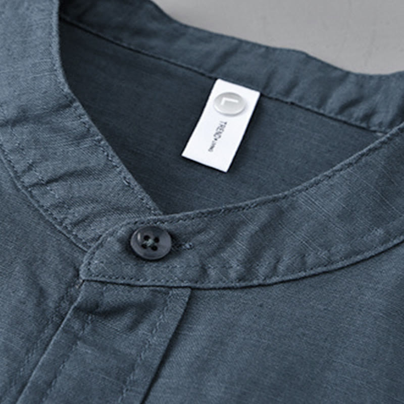 Camisa informal de lino y algodón de color puro con cuello alto y manga larga para hombre de Buddha Stones - image 27