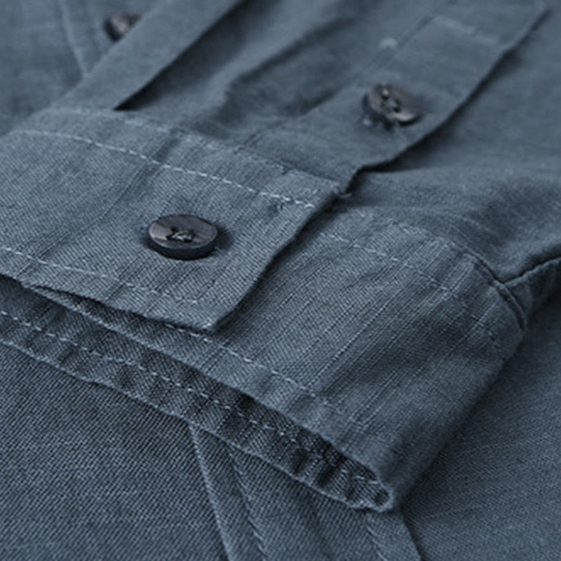 Camisa informal de lino y algodón de color puro con cuello alto y manga larga para hombre de Buddha Stones - image 27