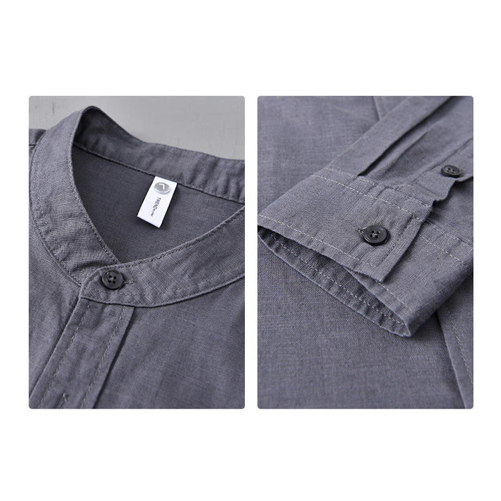 Camisa informal de lino y algodón de color puro con cuello alto y manga larga para hombre de Buddha Stones - image 35