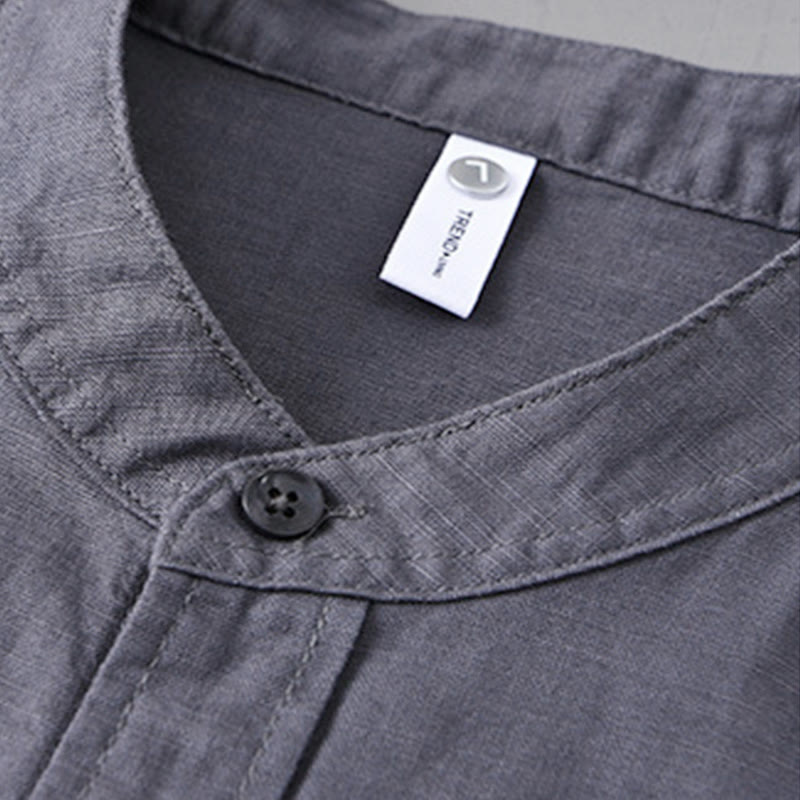 Camisa informal de lino y algodón de color puro con cuello alto y manga larga para hombre de Buddha Stones - image 34