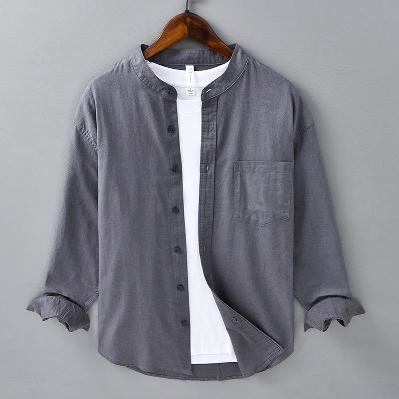 Camisa informal de lino y algodón de color puro con cuello alto y manga larga para hombre de Buddha Stones - Gris oscuro - US/UK/AU40, UE50 (3XL) - image 33