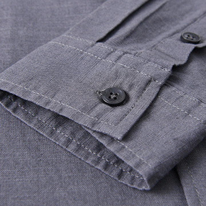 Camisa informal de lino y algodón de color puro con cuello alto y manga larga para hombre de Buddha Stones - image 36