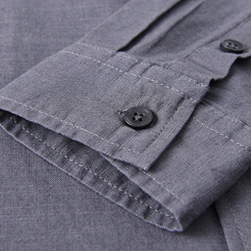 Camisa informal de lino y algodón de color puro con cuello alto y manga larga para hombre de Buddha Stones - image 36