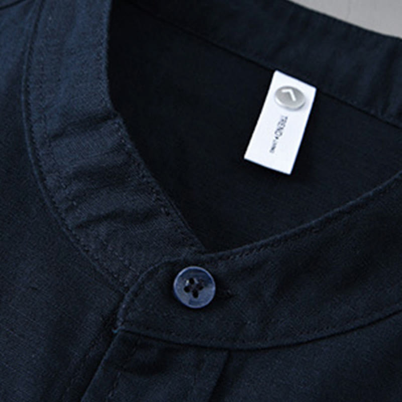 Camisa informal de lino y algodón de color puro con cuello alto y manga larga para hombre de Buddha Stones - image 39