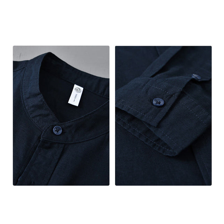Camisa informal de lino y algodón de color puro con cuello alto y manga larga para hombre de Buddha Stones - image 38