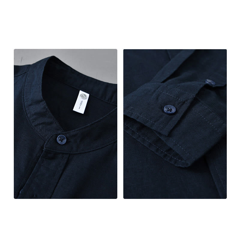 Camisa informal de lino y algodón de color puro con cuello alto y manga larga para hombre de Buddha Stones - image 38