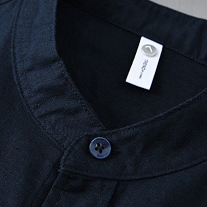 Camisa informal de lino y algodón de color puro con cuello alto y manga larga para hombre de Buddha Stones - image 40