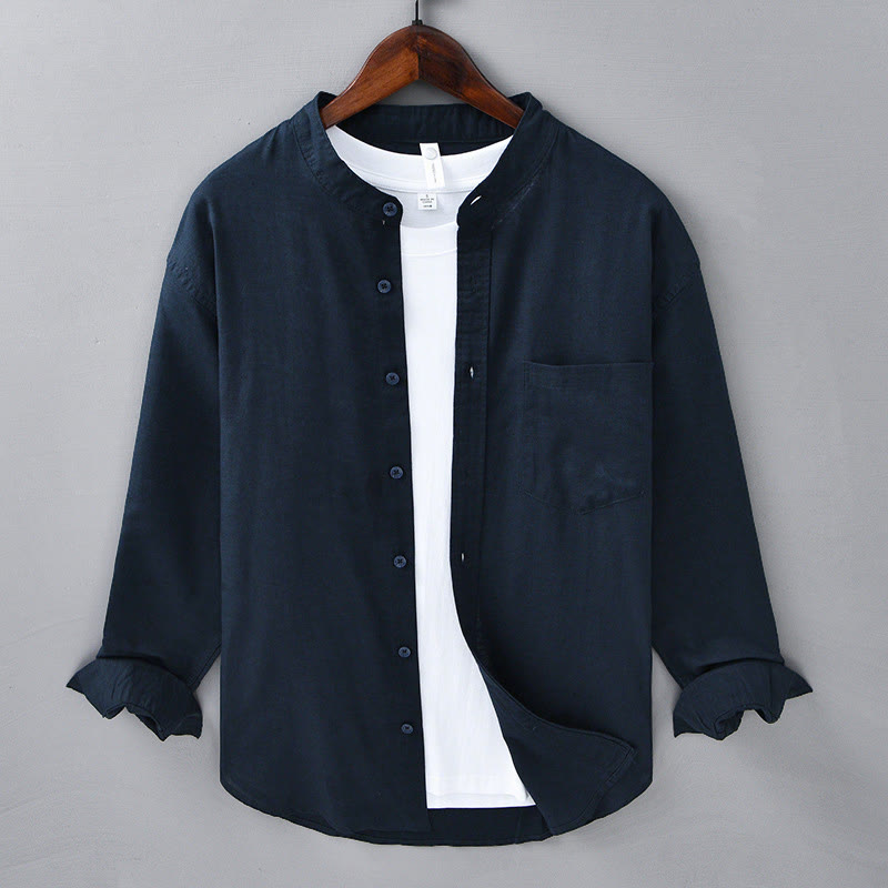 Camisa informal de lino y algodón de color puro con cuello alto y manga larga para hombre de Buddha Stones - Azul medianoche - US/UK/AU40, UE50 (3XL) - image 38