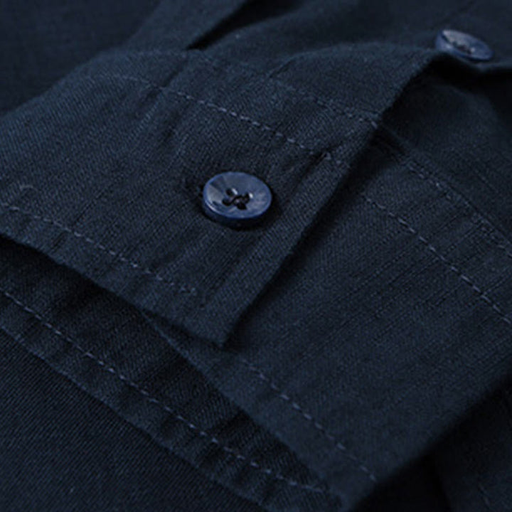 Camisa informal de lino y algodón de color puro con cuello alto y manga larga para hombre de Buddha Stones - image 41