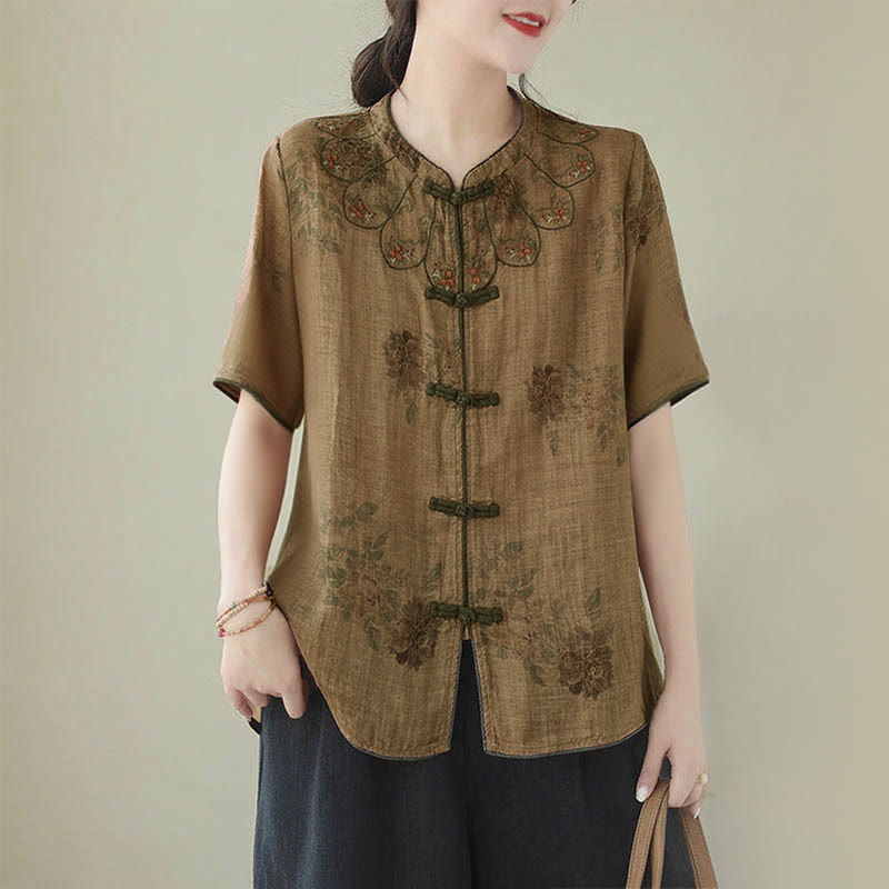 Camisa con botones de rana y estampado de flores moradas con Buddha Stones - US16，UK/AU20，EU48 (3XL) - image 0