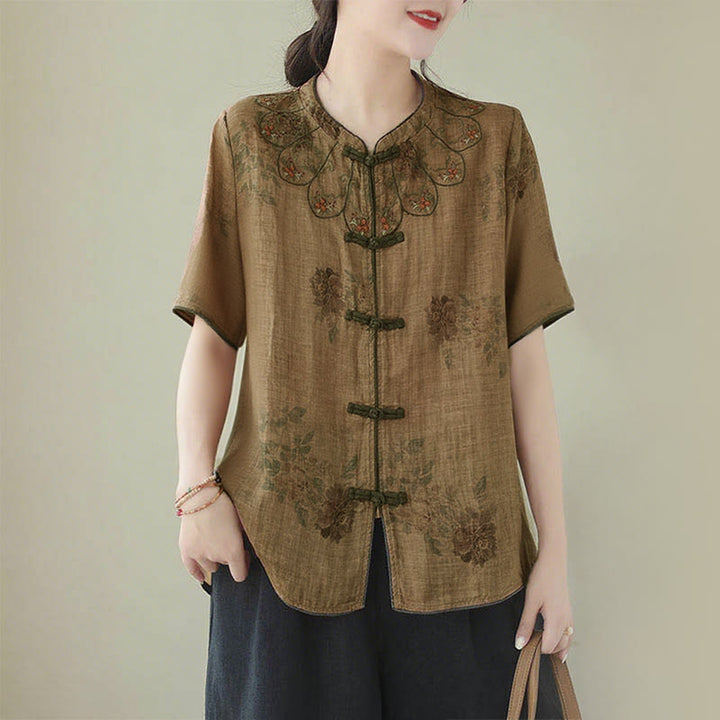 Camisa con botones de rana y estampado de flores moradas con Buddha Stones - US16，UK/AU20，EU48 (3XL) - image 0